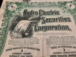 Hydro-Electric Securities Corporation - Titre Au Porteur De 1 Action Ordinaire Sans Valeur Nominale -  Canada - Montreal - Water