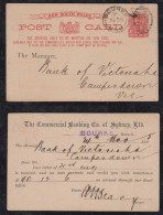 New South Wales Australia 1905 Stationery Postcard BOURKE X CAMPERDOWN Private Imprint Commercial Banking Co - Brieven En Documenten