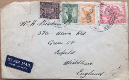 AUSTRALIA 1946, COVER USED TO ENGLAND,KING GEORGE,KANGAROO ANIMAL,PEACE,LYRE BIRD 4 STAMPS,LEURA TOWN CANCEL. - Lettres & Documents