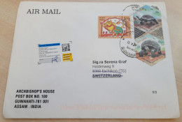 INDIA,2011,RETURN TO SENDER LABEL,AIR MAIL COVER TO SWITZERLAND,3 STAMPS,TORTOISE,ASTROLOGICAL SIGNS, GUWAHATI - Poste Aérienne