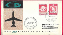 DANMARK - FIRST CARAVELLE FLIGHT - SAS - FROM KOBENHAVN TO ZURICH *2.4.60* ON OFFICIAL COVER - Poste Aérienne