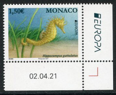MONACO (2021) EUROPA 2021 Espèces Menacées, Hippocampe, Hippocampus Guttulatus, Seahorse - Coin Daté - Unused Stamps
