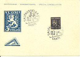 Finland Card Special Postmark Lahti Salpausselka 28-2-1948 With LION Cachet - Covers & Documents