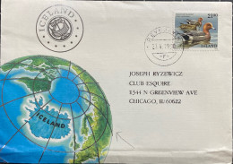 ICELAND 1990, MAP, GLOBE ILLUSTRATE, COVER USED TO USA VIGNETTE X CROSS LABEL, DUCK IN WATER STAMP, REYKJAVIK CITY CANCE - Lettres & Documents