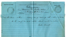 TB 4139 -  1892 - Télégramme De PARIS Pour Me LE BRETON Notaire à RAVIGNY ( Mayenne ) MP SAINT - DENIS - SUR - SARTHON - 1877-1920: Semi-Moderne