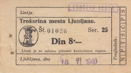 Ljubljana Slovenia 8 Dinar Tram Tramway Ticket 1940 - Europe