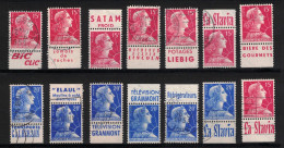 LOT De 14 TIMBRES ISSUS De CARNET Avec BANDES PUB PUBLICITAIRE Au TYPE MARIANNE De MULLER 15F ROUGE + 20F BLEU - Gebraucht