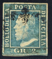 1859 - 2 Gr. Azzurro Chiaro III Tavola Con Ottimi Margini Bianchi E Annullo Non Deturpante - Ottimo Esemplare - Sicile