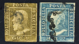 Lotticino Di 2 Valori - 1 Gr. Bruno Ruggine + 2 Gr. Azzurro Annullati (margini Corti Sul Valore Da 1 Gr.) Cat. € 2000 - Sizilien