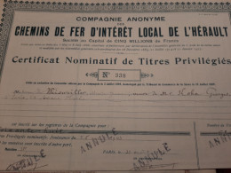 Cie Anonyme Des Chemins De Fer D'Intérêt Local De L'Hérault - Certificat Nominatif De Titres Privilégiés - Paris 1934. - Railway & Tramway