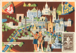 160423 - CPSM SCOUTISME TIMBRE - JAMBOREE 1947 5 F Illustration P JOUBERT - écusson Monument Tour Eiffel édtions OZANNE - Used Stamps