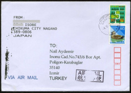 Japan, Chikuma Nagano 2012 Air Mail Cover Used To İzmir | Mi 1256, 2202A Forestry, Trees & River, Duck, Birds - Lettres & Documents