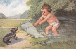 Wally Fialkowska - Child Pulling A Dachshund Dog Into The Water - Fialkowska, Wally