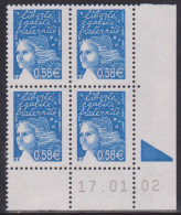 FRANCE N° 3451**  MARIANNE DE LUQUET COIN DATE 17/1/02 - 2000-2009