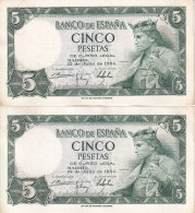 PAREJA CORRELATIVA DE 5 PTAS DEL AÑO 1954 SERIE R DE ALFONSO X EN CALIDAD EBC (XF) (BANKNOTE) - 5 Peseten