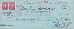 1952. CANADA.  Pair 3 CENTS Georg VI On Check ($ 192.76) From  BANK OF MONTREAL To Receiver-G... (Michel 253) - JF439365 - Covers & Documents