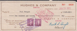 1952. CANADA.  Pair 3 CENTS Georg VI On Check ($ 120.58) From HUGES & COMPANY To BANK OF MONT... (Michel 253) - JF439366 - Covers & Documents