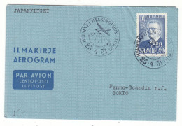 Finlande - Aérogramme De 1951 - Oblit Helsinki - Vol Helsinki Tokio - - Covers & Documents