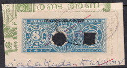 India Travancore State Overprinted On Cochin 1948 Eight Annas Court Fee With Fiscal Cancellation. - Other & Unclassified