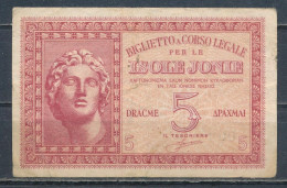 °°° ITALIA OCC. DELLA GRECIA - ISOLE JONIE 5 DRACME 1942 °°° - Occupazione Italiana Egeo