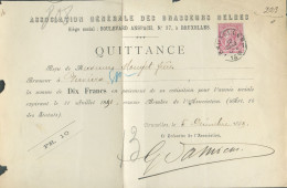 N°46 - 10 Centimes Obl. Sc BRUXELLES 7 s/Quittance à En-tête De L'Association Générale Des Brasseurs Belges pour La Somm - 1884-1891 Leopold II