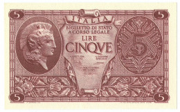 5 LIRE BIGLIETTO STATO ATENA LUOGOTENENZA UMBERTO CAVALLARO 23/11/1944 FDS - Regno D'Italia – Autres