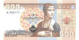 Italy 500 Lire 2019 Unc Prefix A Unc Specimen - Fiktive & Specimen