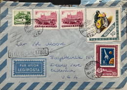 HUNGARY 1964, COVER USED TO USA, 7 STAMP, BUS, BUILDING, ROCKET, MOTOR CYCLE, BUDAPEST CITY CANCEL + ONLY RING SPECIMEN - Brieven En Documenten