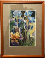 Original Aquarell Unikat Blumen Fleurs Flowers Iris - Holzrahmen, Glass, Bild 20x27 Cm Mit Rahmen 33x43cm - Watercolours