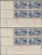 France 1938 Y&T 396. Deux Blocs De 4, Couleurs Différentes, Curiosités D'encrage. Coupe Du Monde De Foot 1938. MNH - 1938 – France