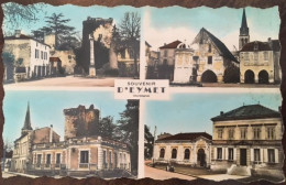 Cpsm, 24 Dordogne, Multivues Souvenir D'Eymet Le Château, La Place Et Les Couverts, La Poste, La Mairie, éd Narbo - Eymet