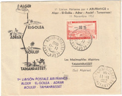 Algérie - Alger Gare - 1ere Liaison Aérienne Par "Air France" - Alger - El-Golea - Adrar - Aoulef - Tamanrasset - 1952 - Airmail