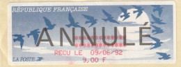 Vignette Oiseaux De Jubert - Reçu Le 09/06/92 9,00 F - ANNULE - 1990 Type « Oiseaux De Jubert »
