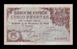 España Spain 5 Pesetas Burgos 1936 Pick 97 Mbc Vf - 5 Peseten