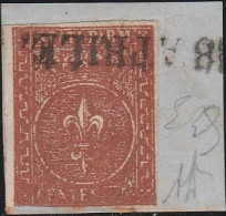 29 Parma  1852 - Giglio Borbonico, 25 C. Bruno Rosso Su Frammento N. 8 Cat. € 1350,00. Cert. Biondi. SPL - Parma
