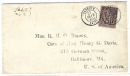 1889 - Enveloppe Affr. Col.gen.  25 C N°54 Oblit. Cad Mixte   PAPEETE / TAITI  Pour Baltimore ( U S A ) - Brieven En Documenten
