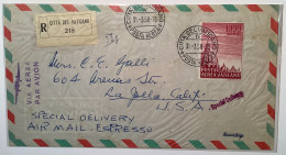 Posta Aerea Sa34 1958 1000L Lettera Espresso Special Delivery Air Mail>La Jolla Cal. USA (Vatican Vaticano Cover - Covers & Documents