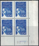 MARIANNE DE LUQUET - N°3449 - 0.50€ -  BLOC DE 4 - COIN DATE - LE 2-7-2001 - COTE 7€50. - 2000-2009