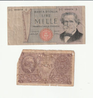 LOT DE 2  BILLETS ITALIE :  5  ET  1000 LIRES .  VENDUS EN L'ETAT - 1000 Lire