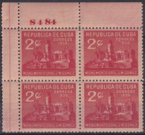 1936-417 CUBA REPUBLICA 1936 2c JOSE MIGUEL GOMEZ PLATE NUMBER BLOCK 4. - Neufs