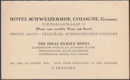 Information Card, Hotel Schweizerhof, Cologne, C.1920s - Sports & Tourism