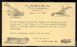 U.S.A.(1935) Plow. Seeder. Sled. Postal Card With Illustrated Ad Printed On Back For Agricultural Implements. Scarce! - 1921-40