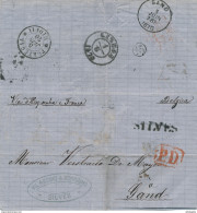 XX744 - Lettre Du Portugal (Timbre Détaché) 1870 Vers GAND - RARE Marque D'Entrée PORTUGAL MIDI II (Ambulant) - Doorgangstempels