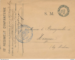 ZZ888 - RARE Enveloppe Préimprimée En S.M. - Cachet 13è Régiment D' Infanterie - NAMUR Station 1892 à HINGENE Via PUERS - Brieven En Documenten