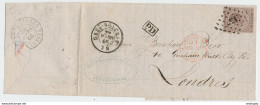 ZZ848 - Lettre TP 19 Losange De Points 156 GREZ DOICEAU 1866 Vers LONDRES -Entete Papeteries De BASSE WAVRE - 1865-1866 Perfil Izquierdo