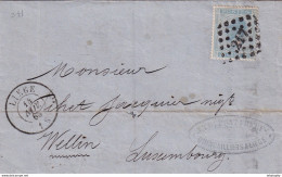 DDY 283 -- Lettre TP 18 Points 217 LIEGE 1868 Vers DC WELLIN - Entete Et Cachet Dupont Frères , Quincaillerie - 1865-1866 Perfil Izquierdo