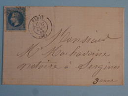 BT7  FRANCE BELLE LETTRE 1869  PARIS A  SERGINES  + NAPOLEON N° 29 + AFF. INTERESSANT++ - 1863-1870 Napoléon III Con Laureles