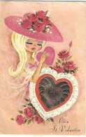 ILLUSTRATION FANTAISIE/JEUNE FILLE BLONDE/CHAPEAU/ROSES/COEUR EN RELIEF DORE/VIVE ST VALENTIN/CP DOUBLE - Valentijnsdag