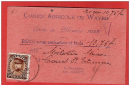 TP Képî Obl WAVRE 1933 Sur Reçu Pour Cotisation COMICE AGRICOLE De Wavre - 1931-1934 Képi