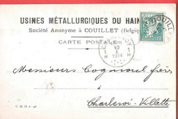 CP Usines Métallurgiques Du Hainaut COUILLET TP Perforés Obl Couillet Vers Charleroi-Vilette - 1909-34